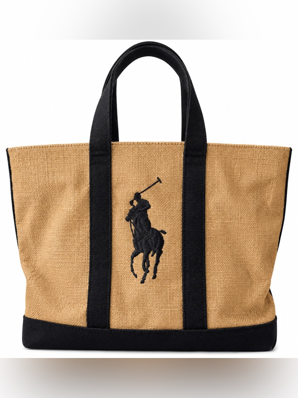 Polo Ralph Lauren Big Pony Woven Jute Canvas Tote Bag Black Tan